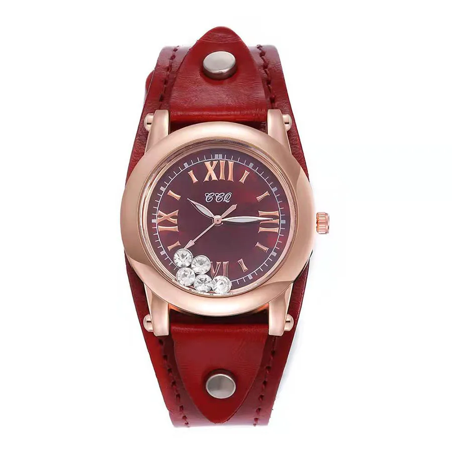 Women Dress Wristwatch Cowhide Leather Strap Watch Female Roll Drill Quartz Watch Ladies Rhinestone Watch Casual Couple Watch