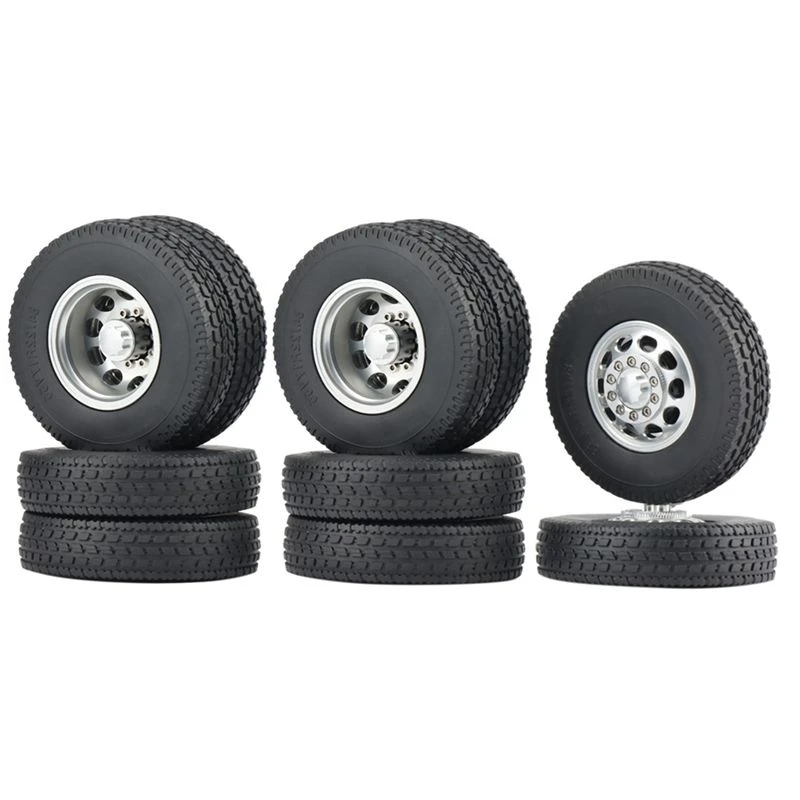 A63T-6PCS Metal Front & Rear Wheel Hub Rubber Tire Wheel Tyres Complete Set For 1/14 Tamiya RC Trailer Tractor Truck Car