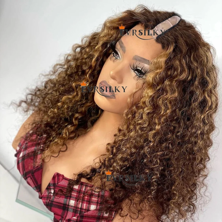 

Highlights Honey Blonde V Part 100% Human Hair Wigs Deep Kinky Curly Ombre Golden Brown Middle /Side Jerry Curl Full U Shape Wig