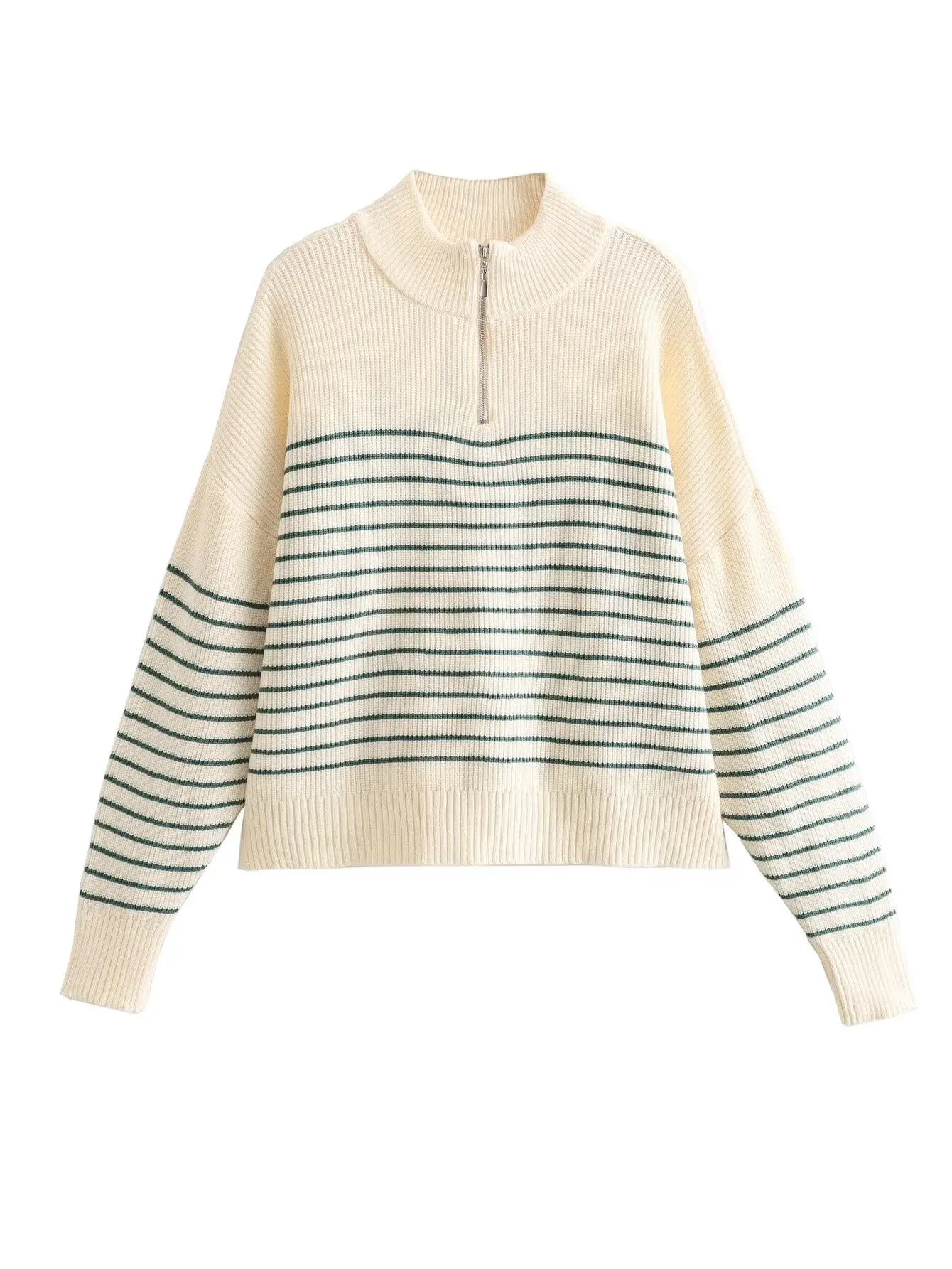 Plus Size Women's Clothing Sweater Spring And Autumn Stand Collar Long Sleeve Sweater Short Zipper Pullover Sweater With Stripe