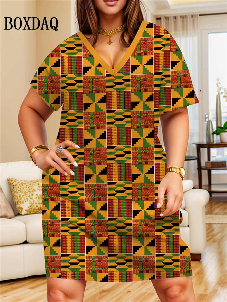 Women's Casual Fashion Loose Plus Size Dress V Neck Women Vintage Short Sleeve Flower Print Midi Dress Summer Clothing Big Sizes