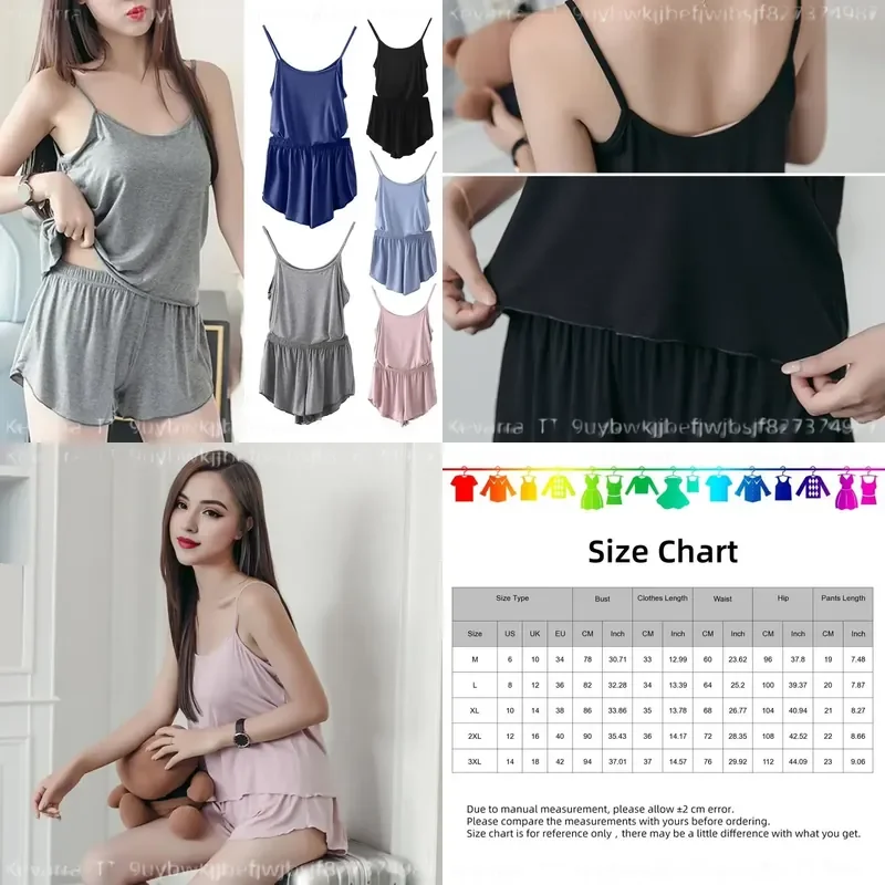 2 Pcs Women Summer Pajamas Set Solid Color Sleeveless Camisole and Shorts Lounge Sleepwear for Ladies Comfortable Nightwear