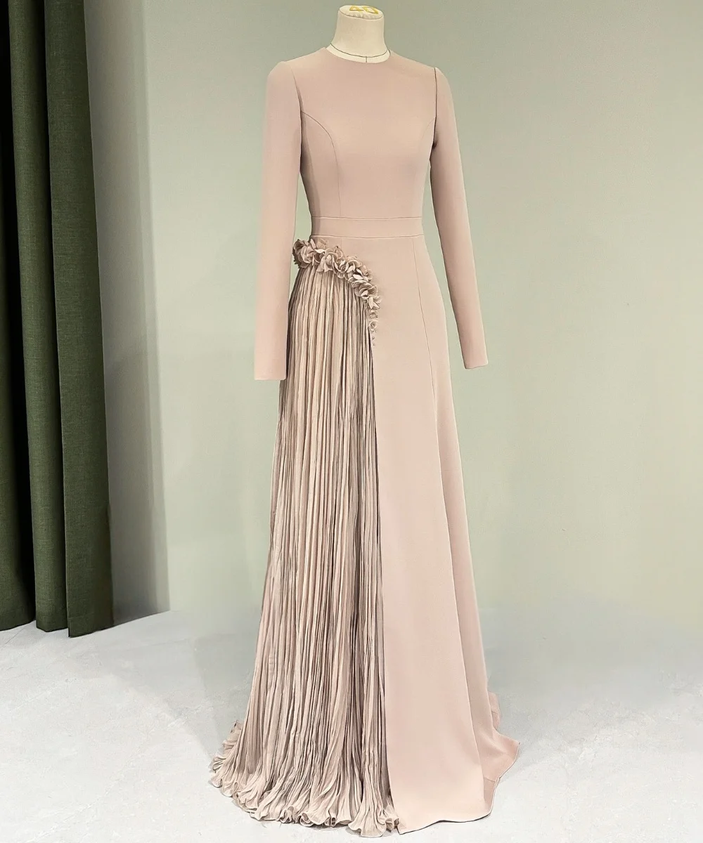 Customized Matching Jersey Pleat Flower A-line O-Neck Long Bespoke Occasion Evening Dresses Sexy Chinese Style