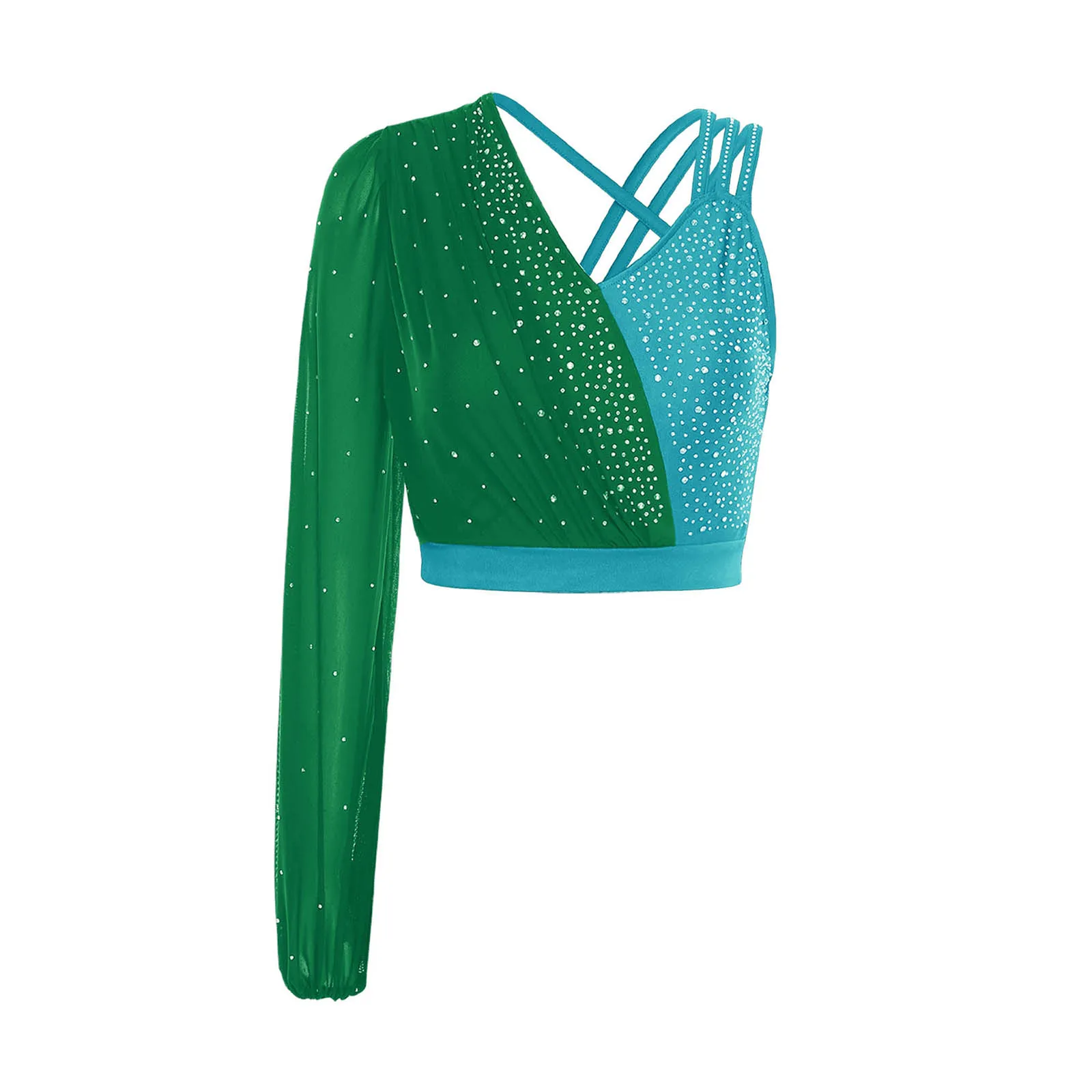 Womens Figure Skating Gymnastics Ballet Dance Outfit Modern Dancewear Shiny Rhinestone One Shoulder Crop Top And Skirt Leotard