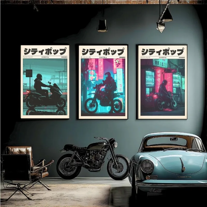 Vintage Japanese Tokyo Motorcycle Poster City Alley Street Pop Neon Scenery Canvas Painting Wall Art for Living Room Home Decor