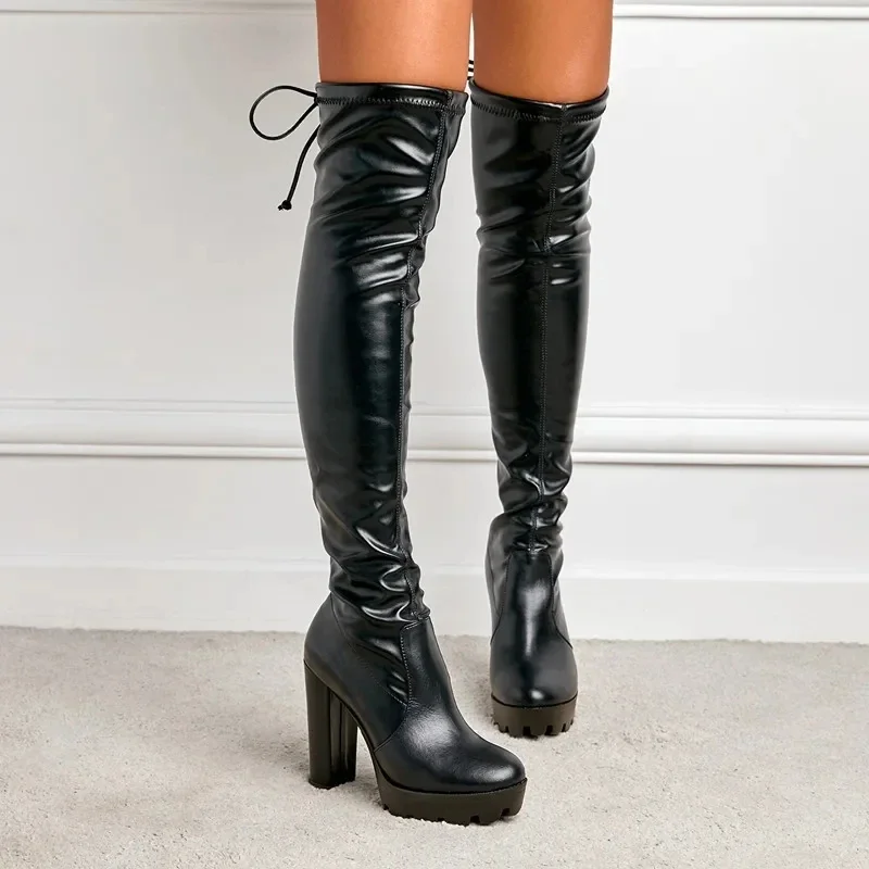 Fashion Patent Leather Women Thigh High Boots Autumn Winter Stretch Slim Platform Thick High Heels Over The Knee Boots Shoes