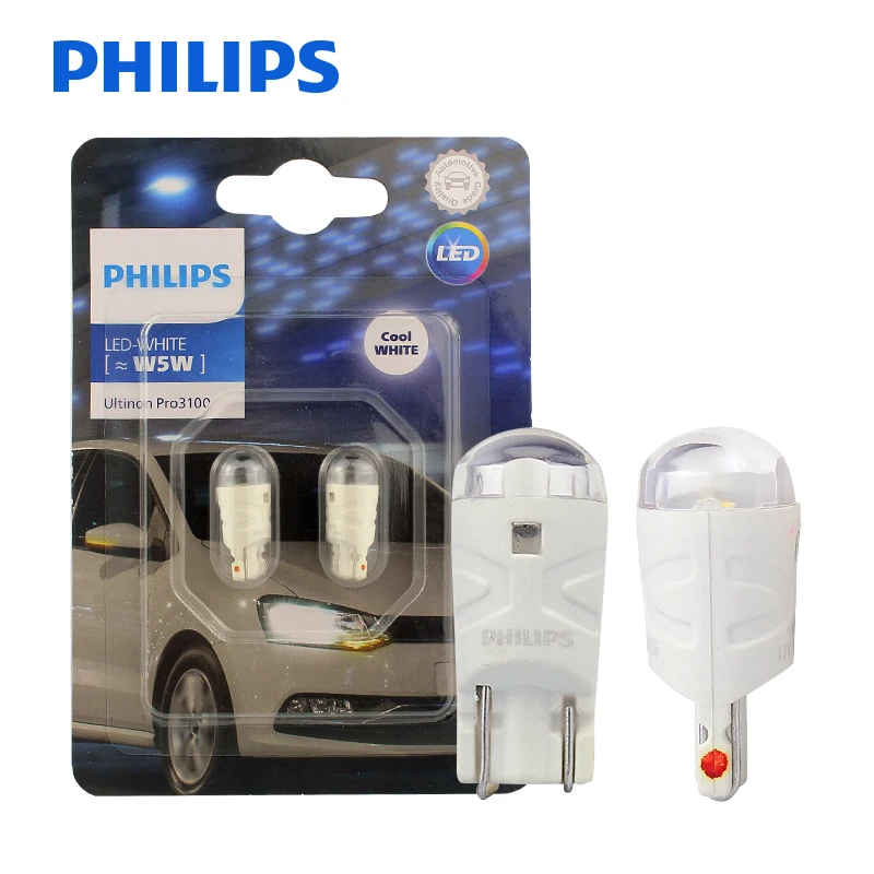 Philips-luces LED Ultinon Pro3100 para Interior de coche, luz de estacionamiento, intermitentes, lámparas 11961CU31B2, T10 W5W 6500K, blanco frío,