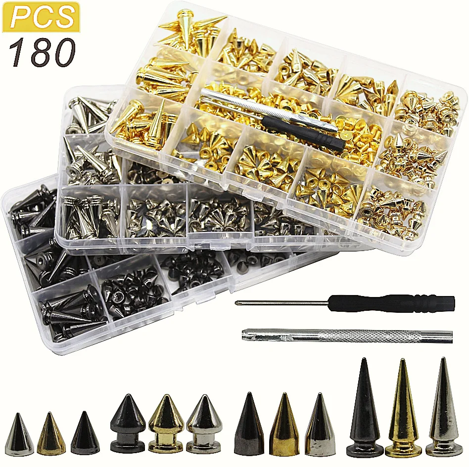 Kit de rivets punk avec outils pour l'artisanat du cuir, vis arrière, goujons et pointes, cône de balle bricolage pour bracelet en cuir UR, 180/80 ensembles