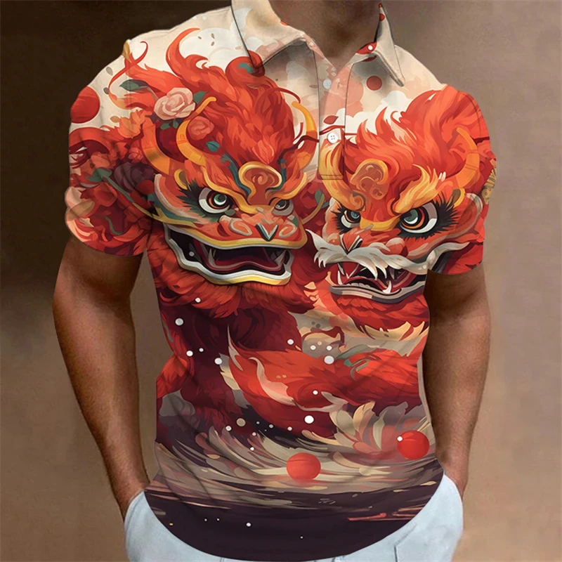 2024 Animal Polo T-Shirts For Men 3d Chinese Loong Printed Men\'s Clothing Oversized Shirts Summer Casual Short Sleeved Tops Tees