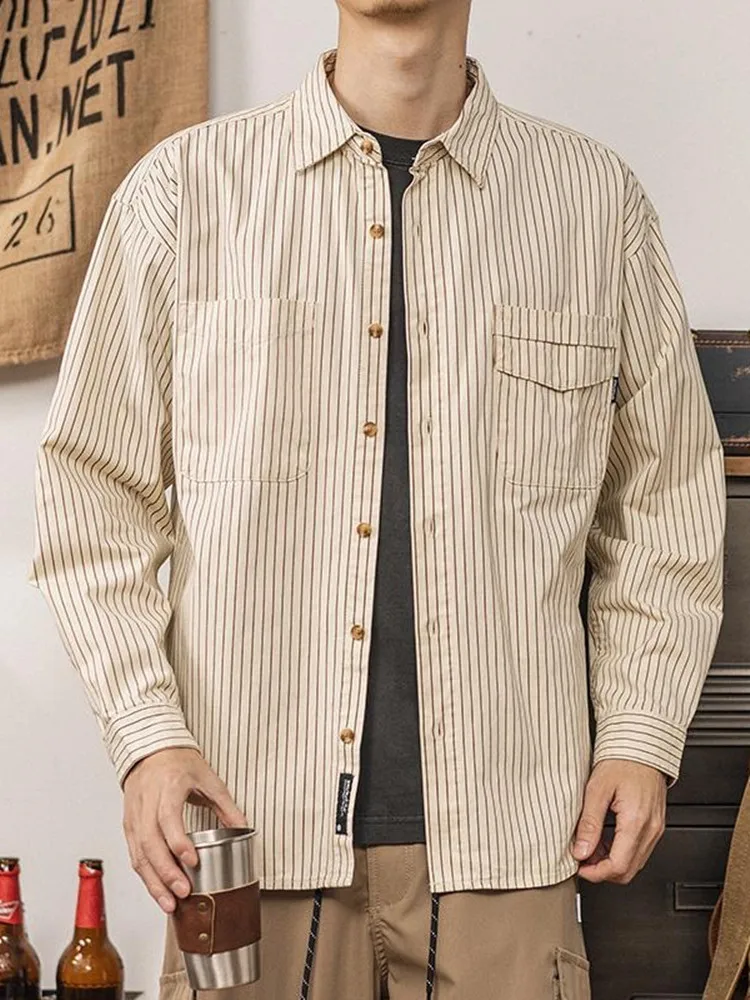 Осень и весна, новая модная тенденция, американская винтажная полосатая рубашка, мужская повседневная свободная спортивная рубашка больших размеров с длинным рукавом M-3XL