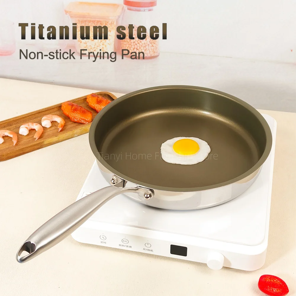 Titanium Frying Pan Non-stick Wok Stainless Steel Home Egg Steak Skillet Induction Cooker Gas Stove Cooking Pot Kitchen Cookware