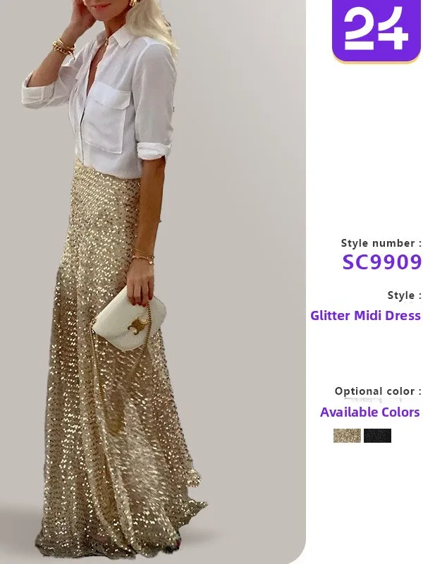

High Waist Sequined Skirt Women's Color Street Sle Casual Loose Fit Summer Faion Chinese Origin Elastic Waist