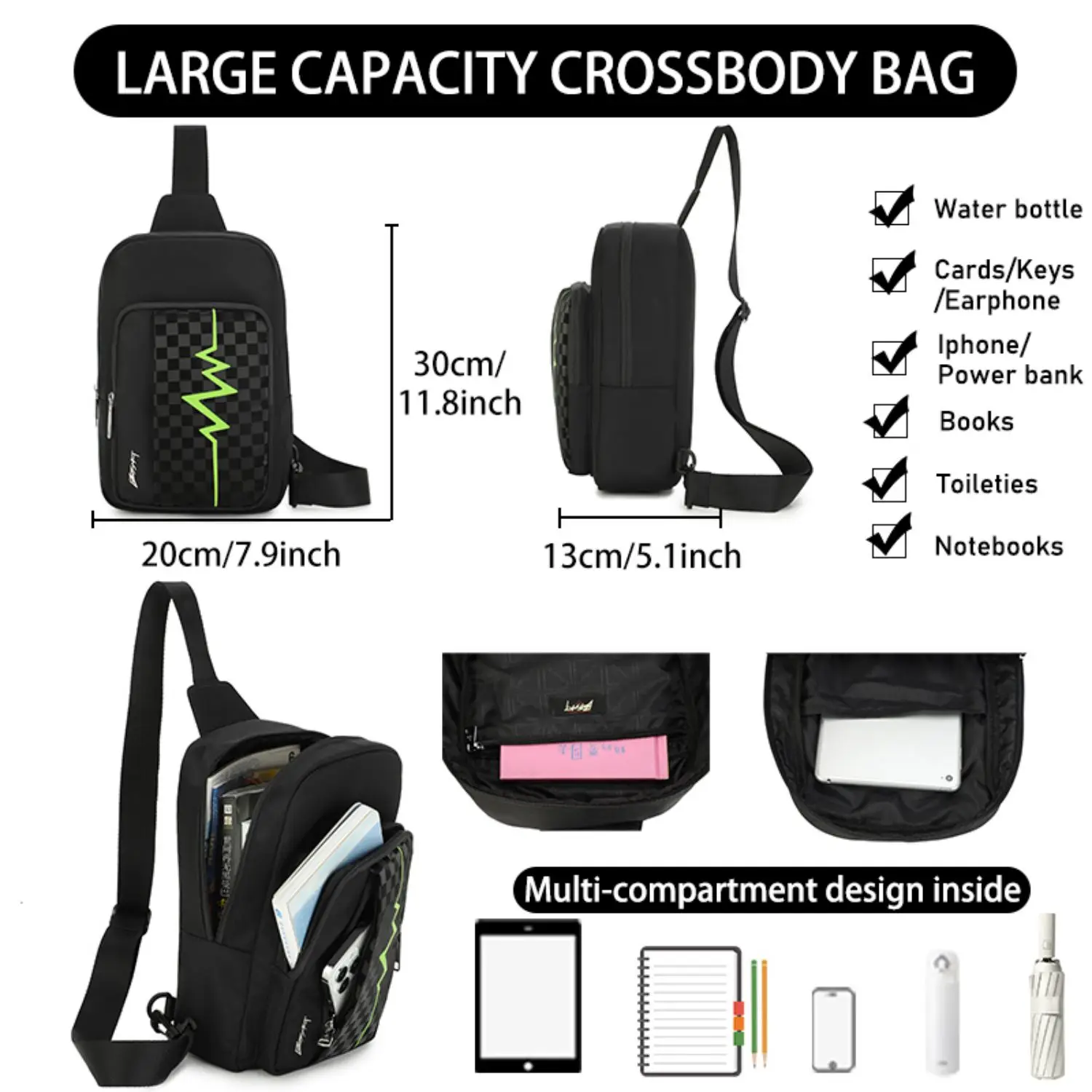 BE SMART Crossbody Bag for Men, Waterproof Sling Shoulder Bag Fits 9.7” iPad, Lightweight One Strap Backpack Walking Cycling