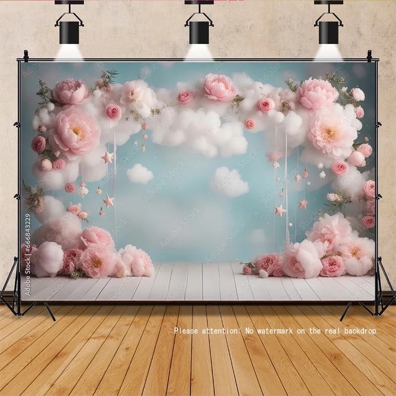 Pfingstrose Baby digitale Fotografie Hintergrund Kuchen zerschlagen Pastell rosa Hintergrund Luftballons Blumen Baby schießt Geburtstags feier