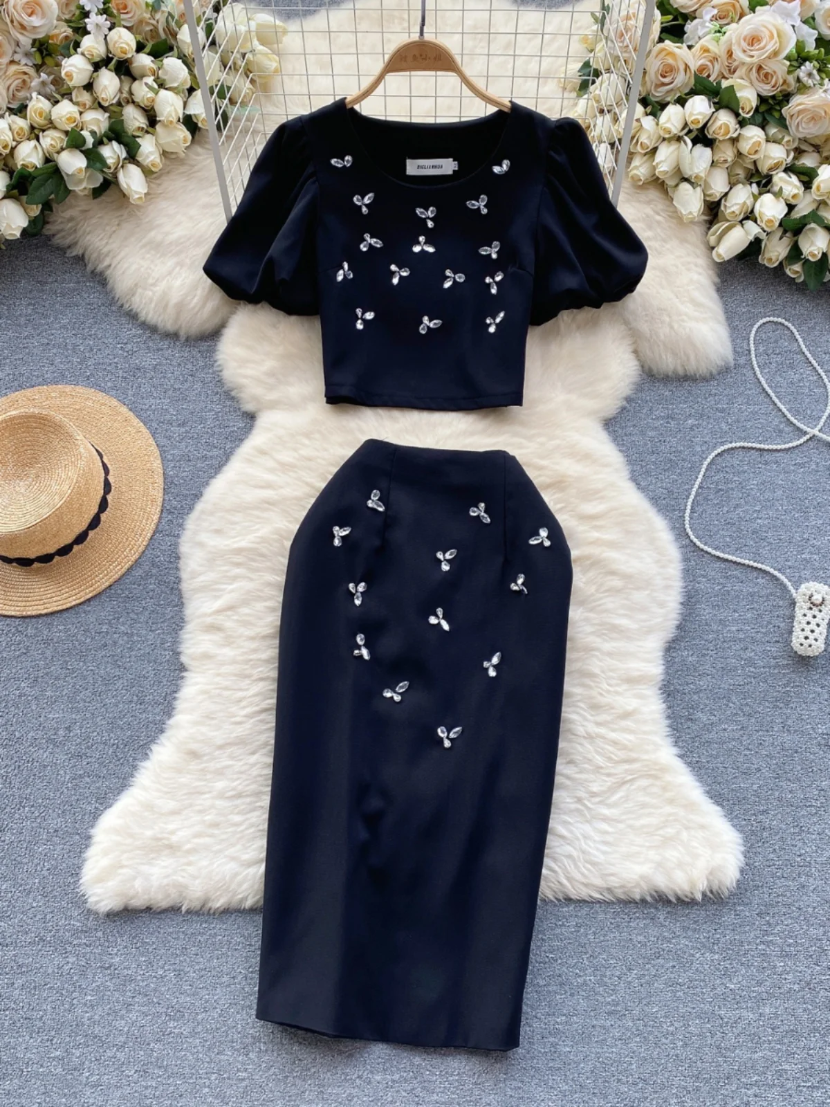 Gagaok Korean 2 Piece Set Women Suit Elegant Fashion Diamond Encrusted Bubble Sleeve Top Versatile High Waist Bodycon Skirt Sets