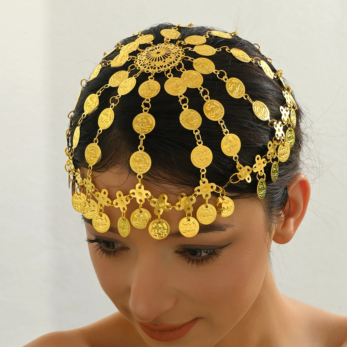 

Arabian Retro Ethnic Style Exotic Charm Metal Coins With Arabic Text Patterns Carrying Indian Dance Stage Performance Headwear