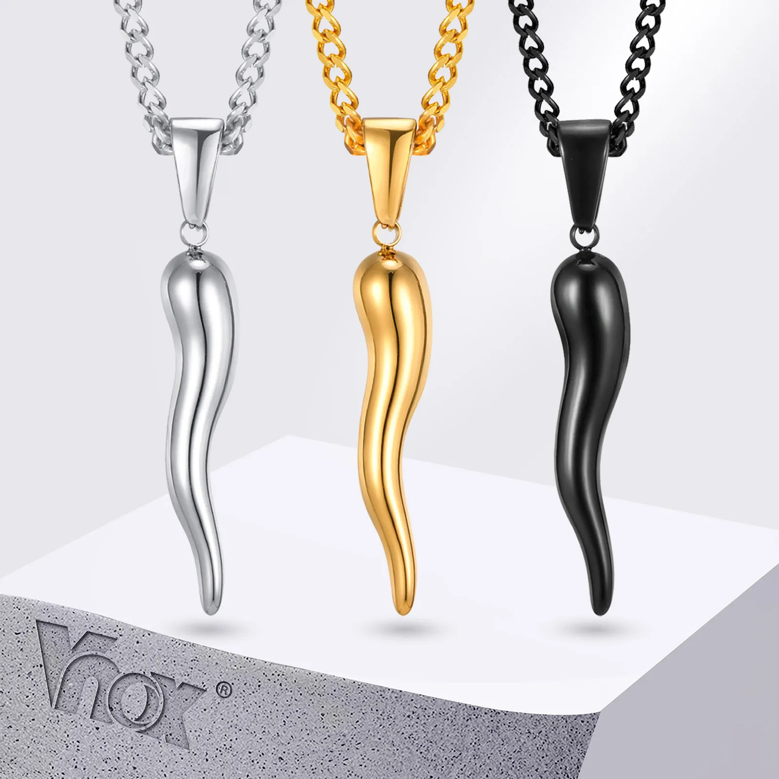 Vnox Cool Italian Horn Pendant Necklace for Men Women,Stainless Steel Black Amulet Charm Collar,Talisman Protection Jewelry Gift