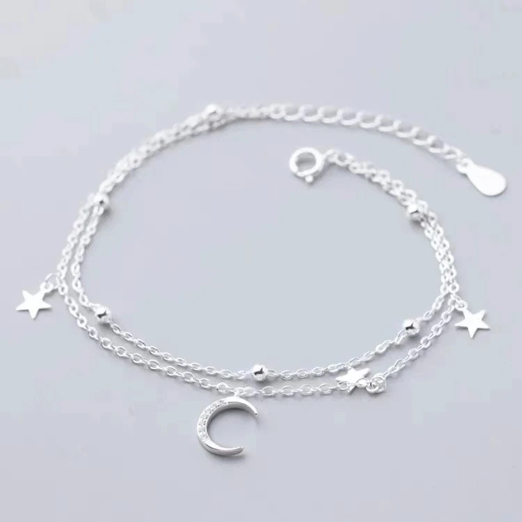 

Silver Color Moon Star Double Layered Charm Bracelets for Charming Women Cute Fashion Jewelry Romantic Accessories