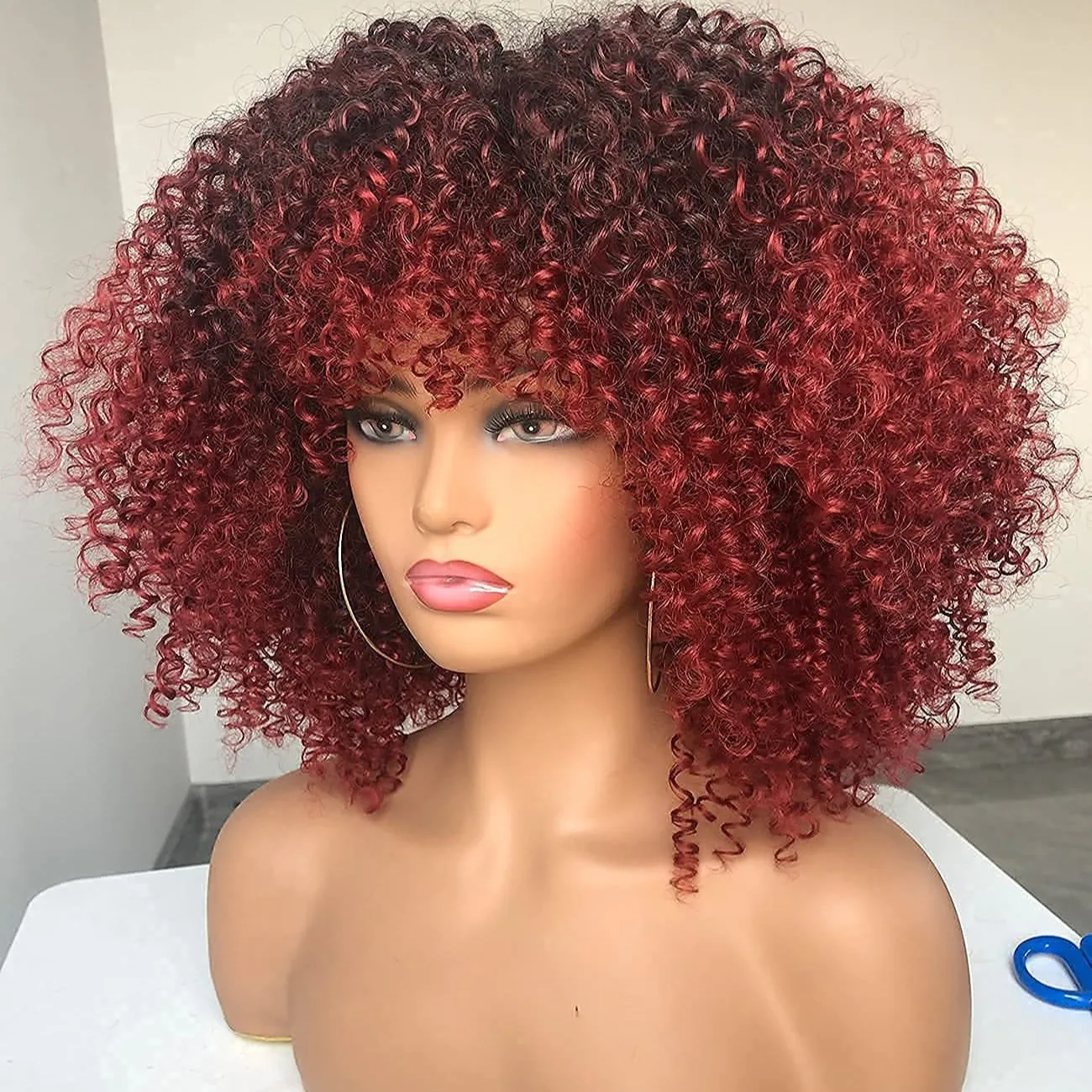 Peluca Afro rizada corta con flequillo para mujeres negras, cabello rizado, pelucas completas sintéticas, rojo degradado