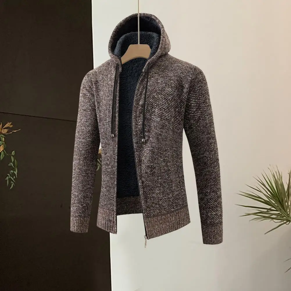 

Men Hooded Knitted Jacket Men's Fall Winter Hooded Cardigan Coat with Thick Velvet Lining Ribbed Cuffs Zipper Closure for Cold