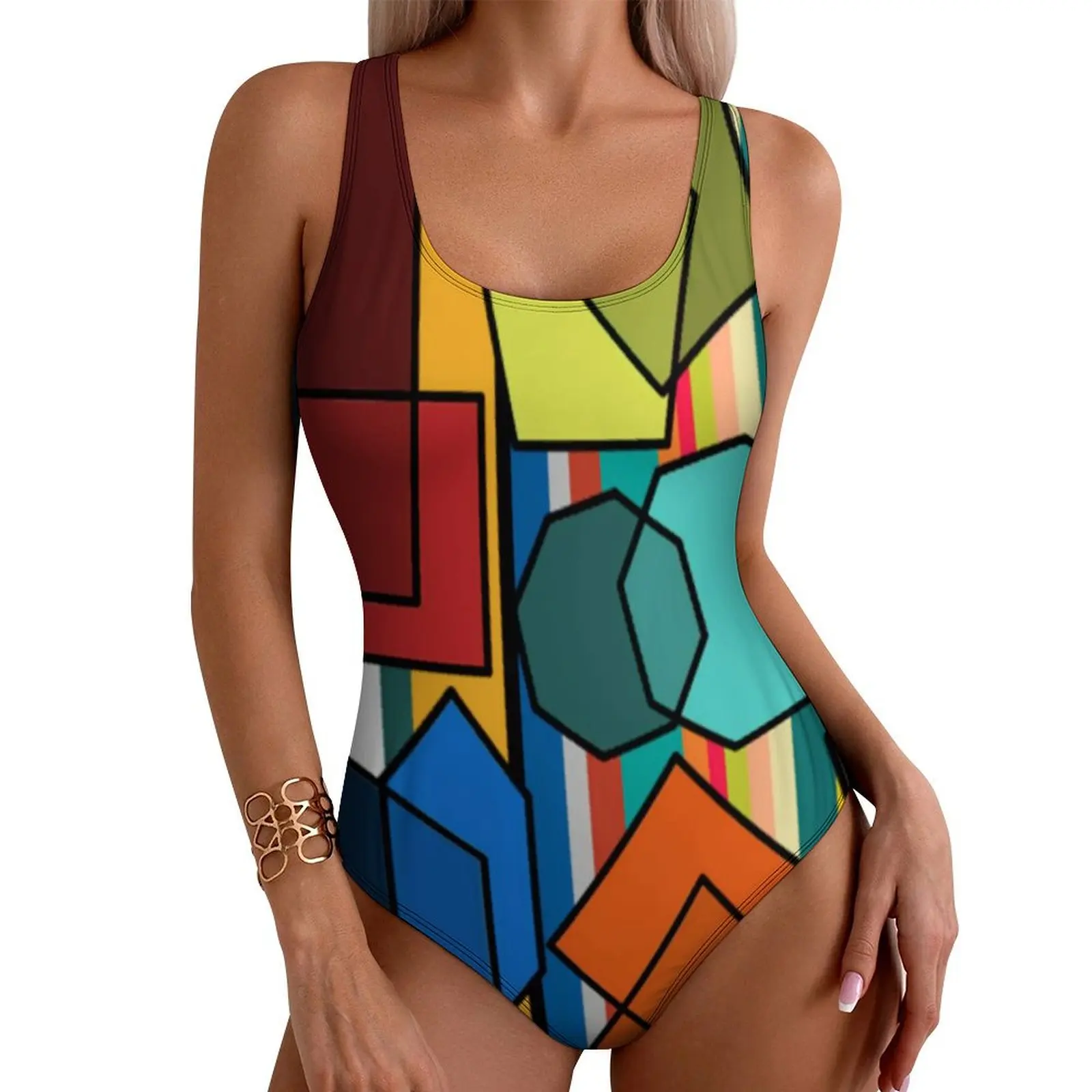 

Lines Print Swimsuit Bauhaus Shapes Swimwear One Piece Surfing Swimsuits Sleeveless Bathing Suits Female Push Up Sexy Beach Wear