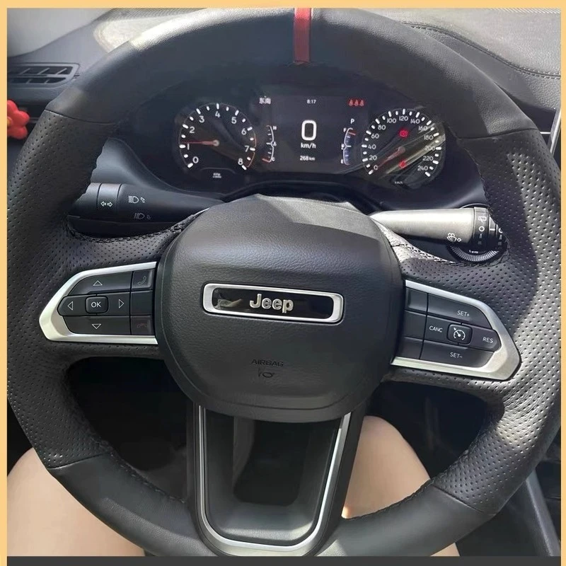 

100% подходит для Jeep Compass 2021-2023, прошитый вручную черный чехол на руль автомобиля из натуральной кожи