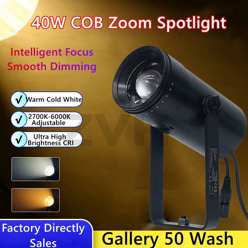 Rotation Zoom COB Spotlight 40W Mini Warm Cold White 2IN1 LED Spot Lighting DMX 2700K-6000K Lamps for Stage Show Studio Theater