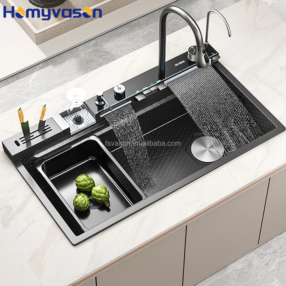 88x48cm Big Size 304 Stainless Steel Kitchen Sink Set Luxury High Tech Multi Function Smart Waterfall Kitchen Sink Unit