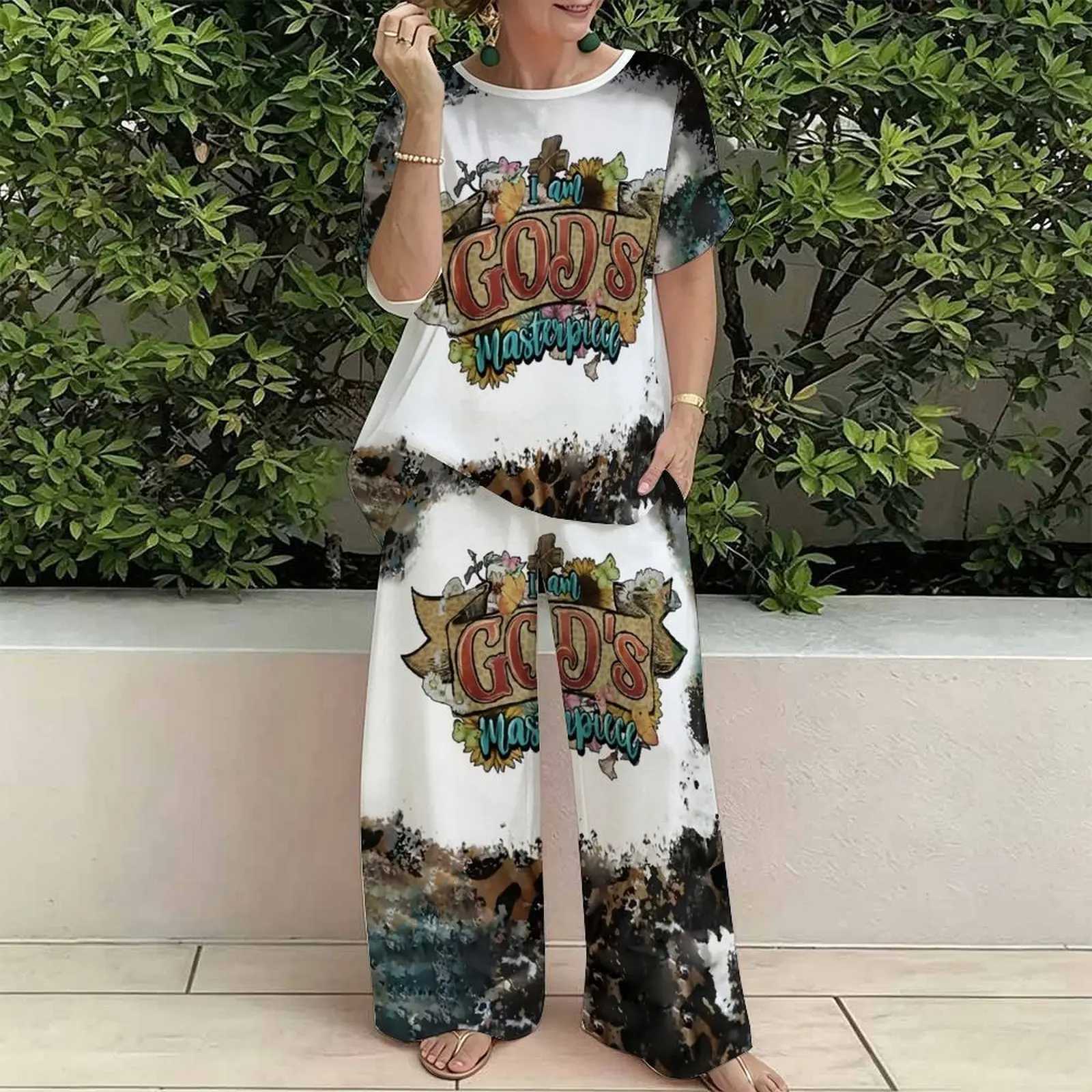 Plus Size Women Spring/summer Fashion Print Two Piece Set Exercise Round Neck T-shirt Casual Vacation Sweatpants