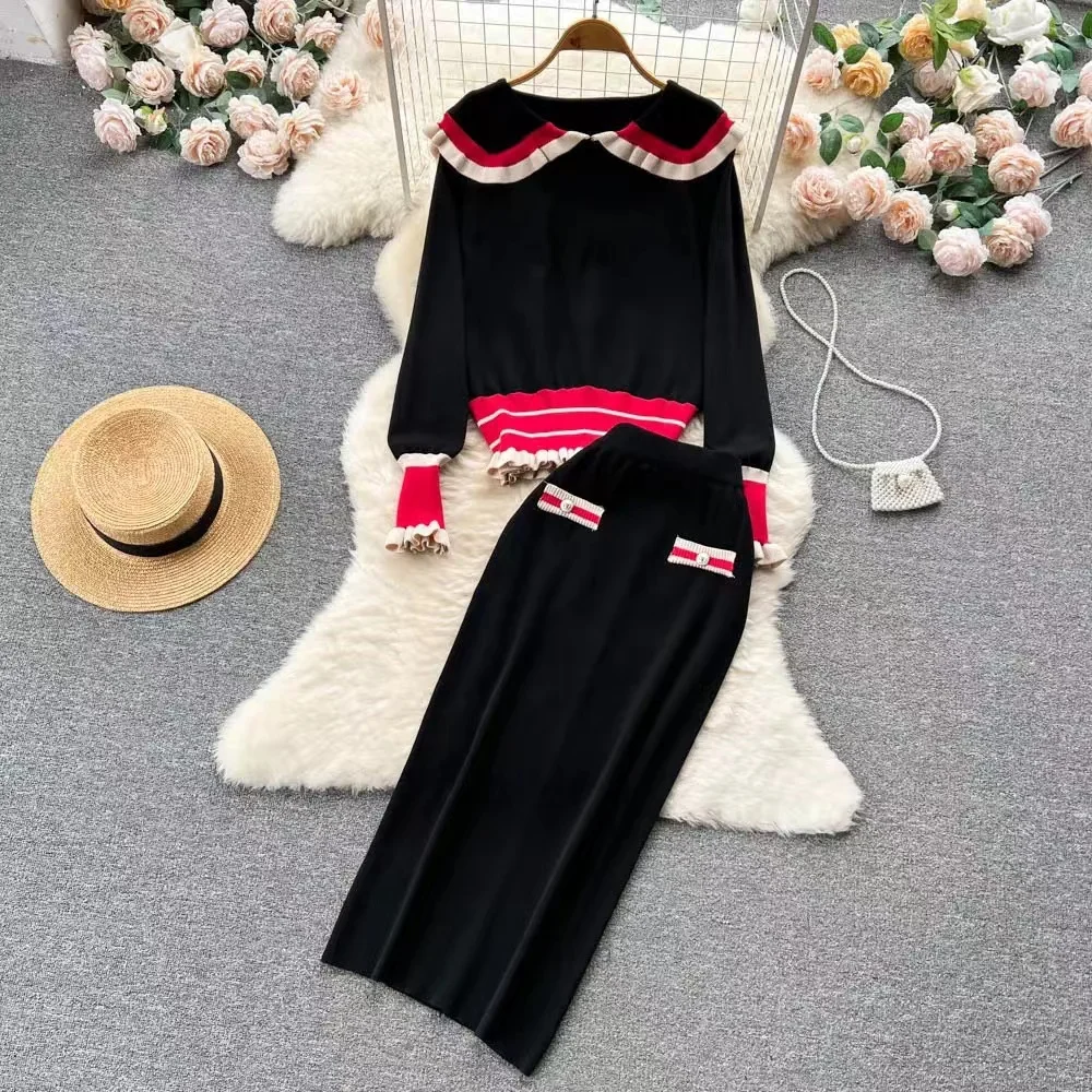 

Fashion Autumn Winter Peter Pan Collar Knitted Sweater Two Piece Set For Women Hit Color Striped Bodycon Pencil Long Skirt Suits