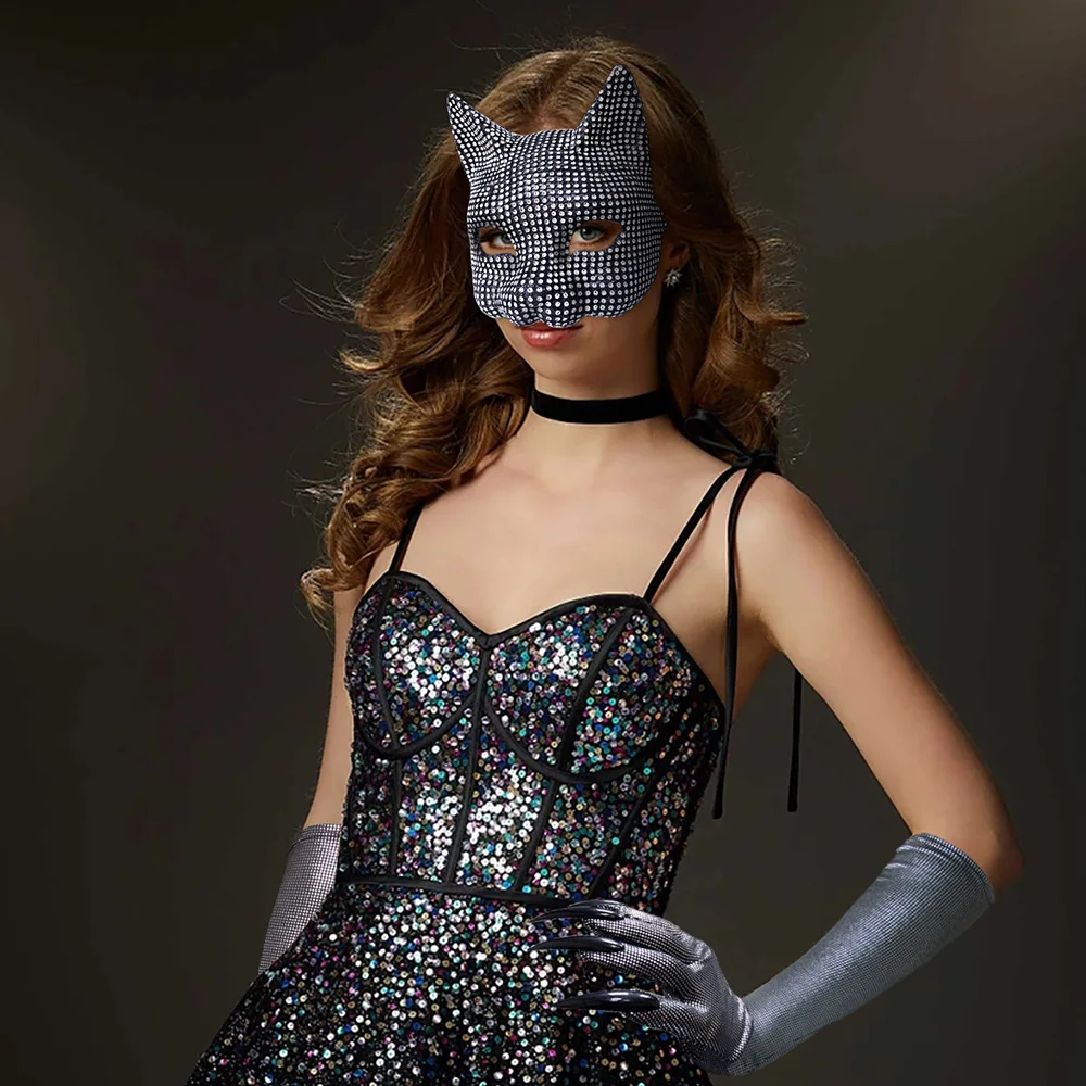 女性のための光沢のある猫のフェイスマスク,女性のためのクリスタルフェイスマスク,ダンスパーティーのパフォーマンス,セクシーなフェイシャルアクセサリー,djステージコスプレ