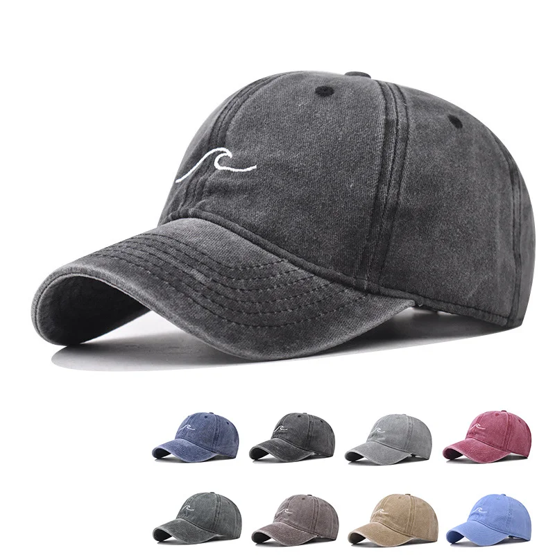 Wave Ripple Embroidery Baseball Cap Solid Color Washed Cotton Dad Hats Simple Vintage Hip Hop Hats For Women Men Snapback Caps