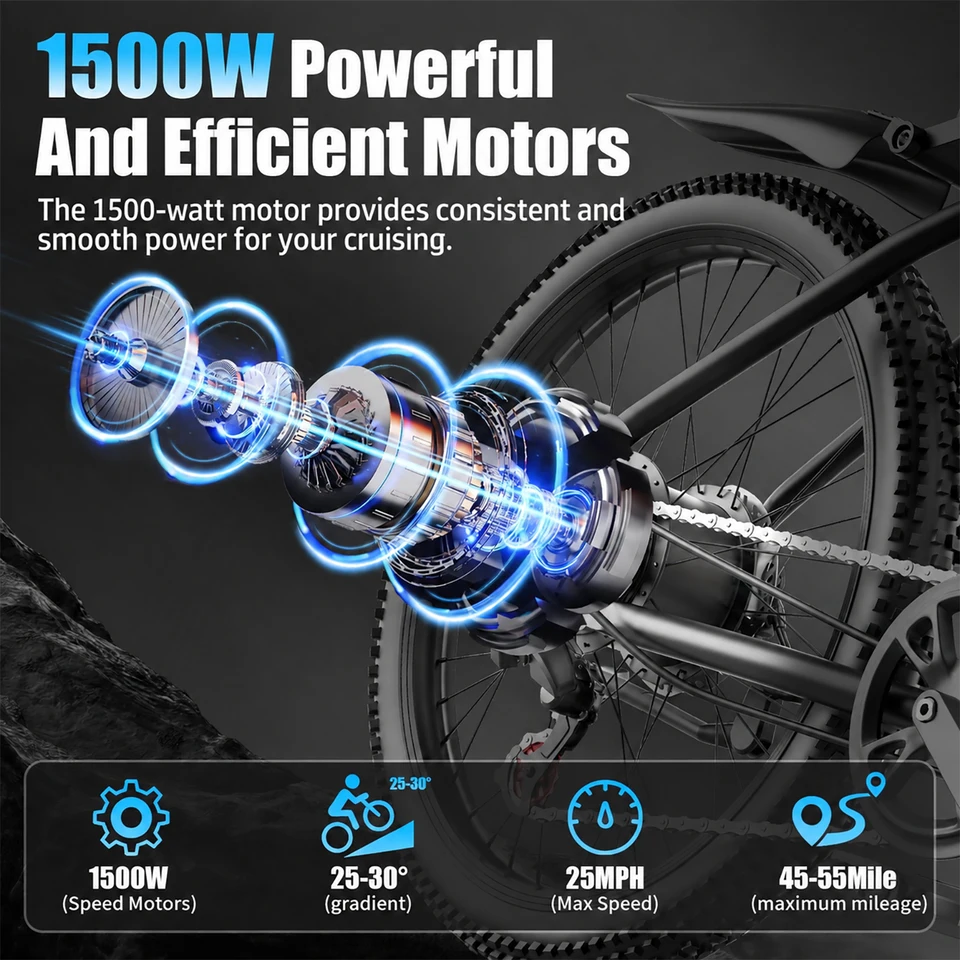 ASKGO Adult Mountain Electric Bike, 1500W Peak Motor, 25MPH Top Speed, 26" Tires with Front & Rear Brakes, 48V 10.4Ah Removable Battery, 55 Miles Max Range, 7-Speed Gearshift for Urban Commute, UL2849 Certified image 3