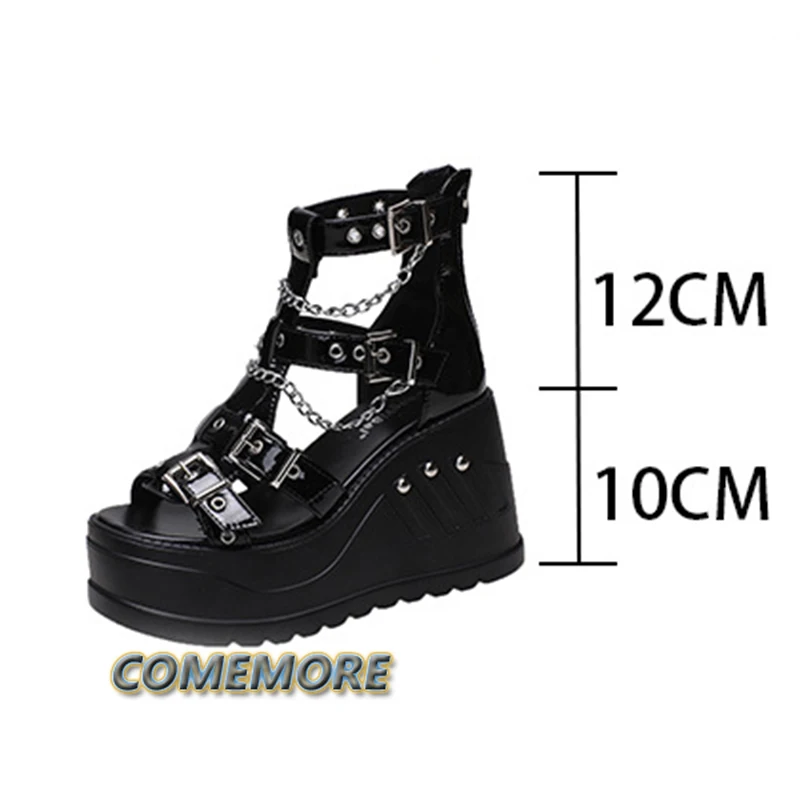 Women Wedges Sandals High Heel Gothic Punk Comfy Walking Zip Chains Fashionable Summer Platform Sandal Woman Shoes Large Size 43