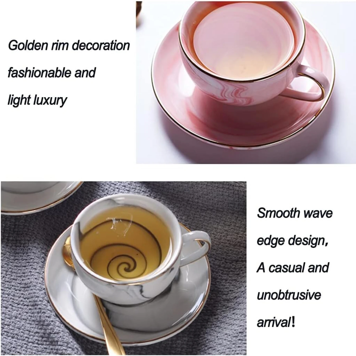Golden Rim Teacup - Premium Quality Hand-made Bone China Cup and Saucer Set for Specialty Coffee Drinks, Latte, Cafe Mocha, and