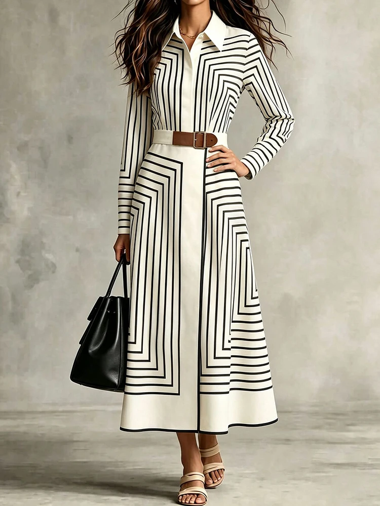 Long Sleeve Party Dress Buttons Simple Printing Fashion Ladies Dress Autumn Women's Elegant Turn Down Collar Maxi Dress Vestido - view 4