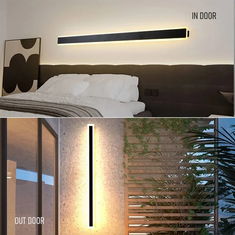 Lámpara LED de pared resistente al agua para exteriores, luz larga de aluminio para balcón, porche, jardín, Villa, luminaria, color negro, novedad