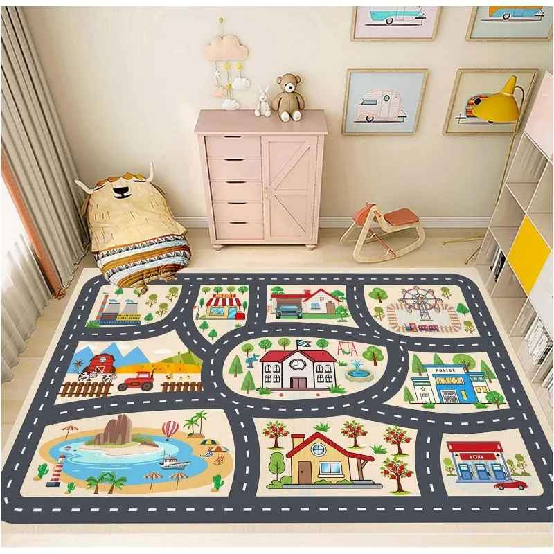 Kids City Road Play Rug Educational Traffic Map Carpet Multi-Scenes Game Mat Factory Farm Police Station Non-Slip Playroom Decor