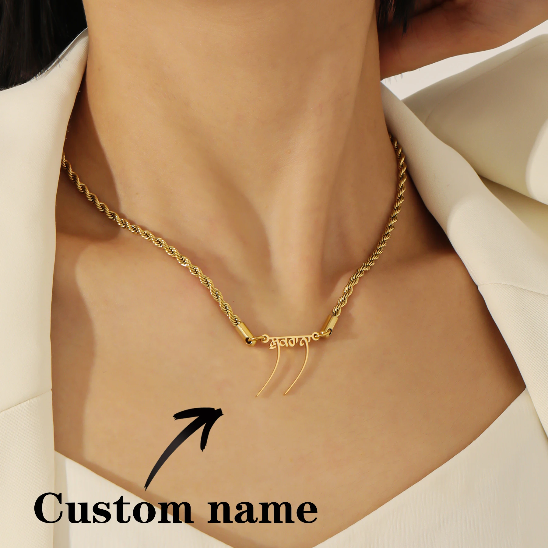 

Custom Hebrew Name Necklace Gold Plated Twisted Rope Artistic Calligraphy Pendant Stainless Steel Personalized Cultural Jewelry