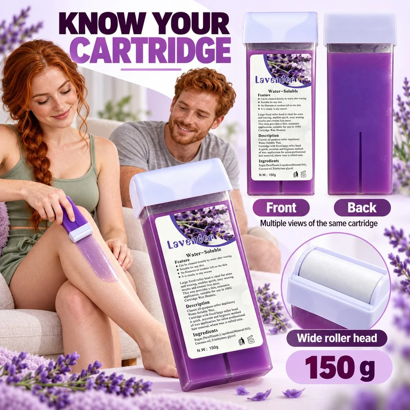 Lavender Roll On Wax Kit for Home Waxing 1 Wax Heater 1 Wax Cartridge and 10 Waxing Strips for Body Legs and Arms