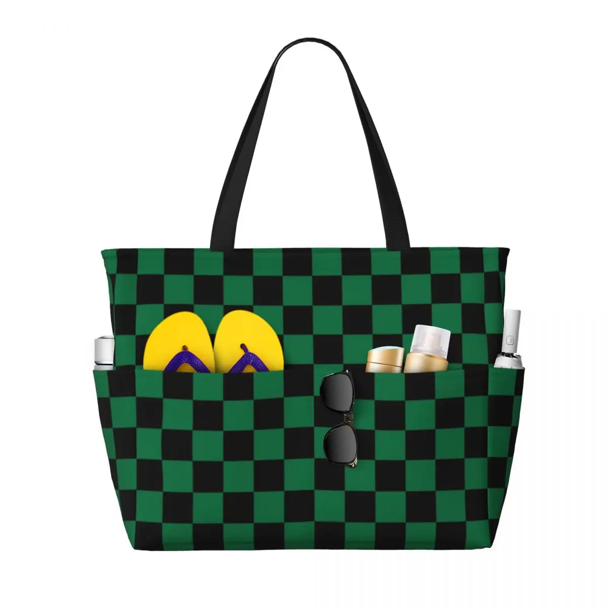 Custom Black And Cadmium Green Checkerboard Chess Grocery Tote Shopping Bags Women Big Capacity Checkered Gym Beach Travel Bags