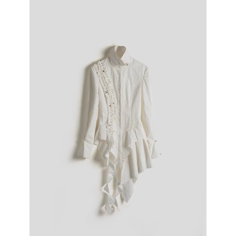 لوتس ليف حافة تصميم الشعور غير المتكافئة الخصر قميص أبيض بأكمام طويلة المرأة الخريف والشتاء