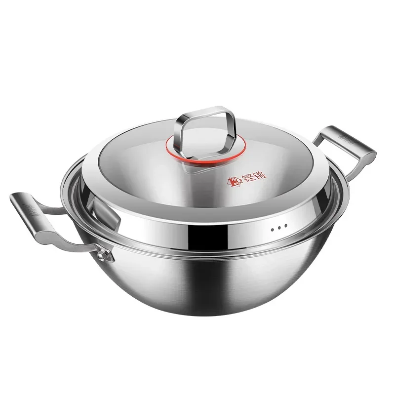 KENGQIANG 316 Stainless Steel Uncoated Frying Pan Food Grade Double Ear Stir Fry Pan Deep Steaming Cooking Integrated Stew Pot