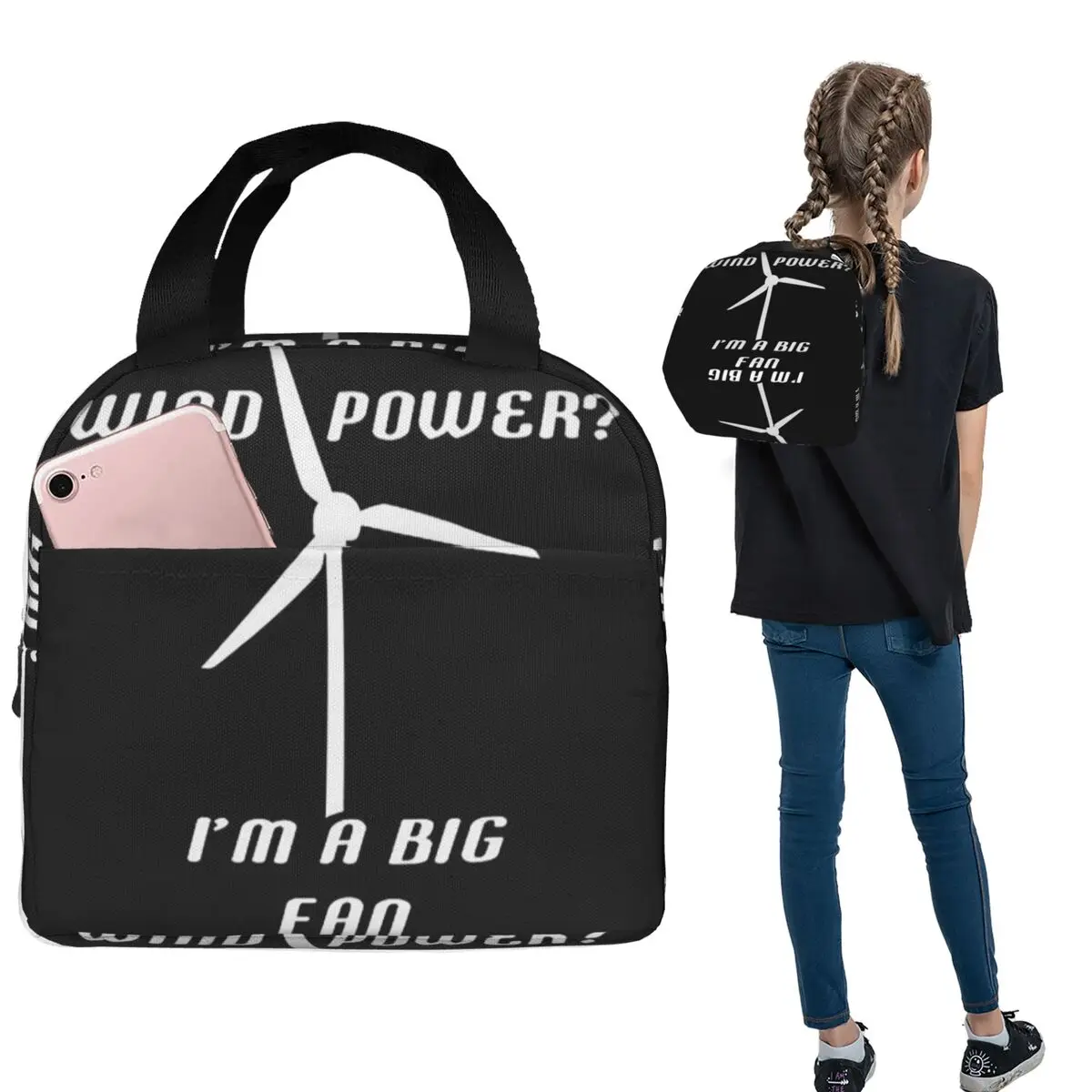 Wind Power I'm A Big Fan - Wind Generator Insulated Lunch Bag for Women Children Portable Food Boxes Thermal Lunch Box Tote