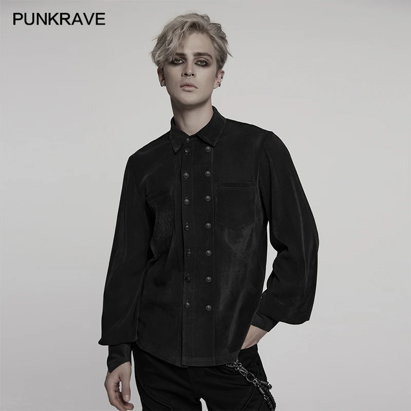 

PUNK RAVE Men's Gothic Striped Flocking Mesh Shirt Simple Versatile Style Personalized Double Breasted Buttons Symmetrical Tops