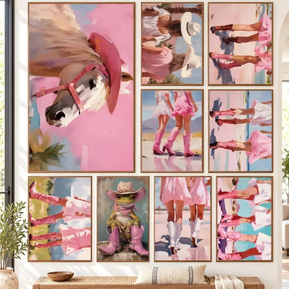Fashion Western Cowgirl Girly Horse With Pink Cowboy Hat Girly Poster Matte Wall Art Removable Home Room Decoration