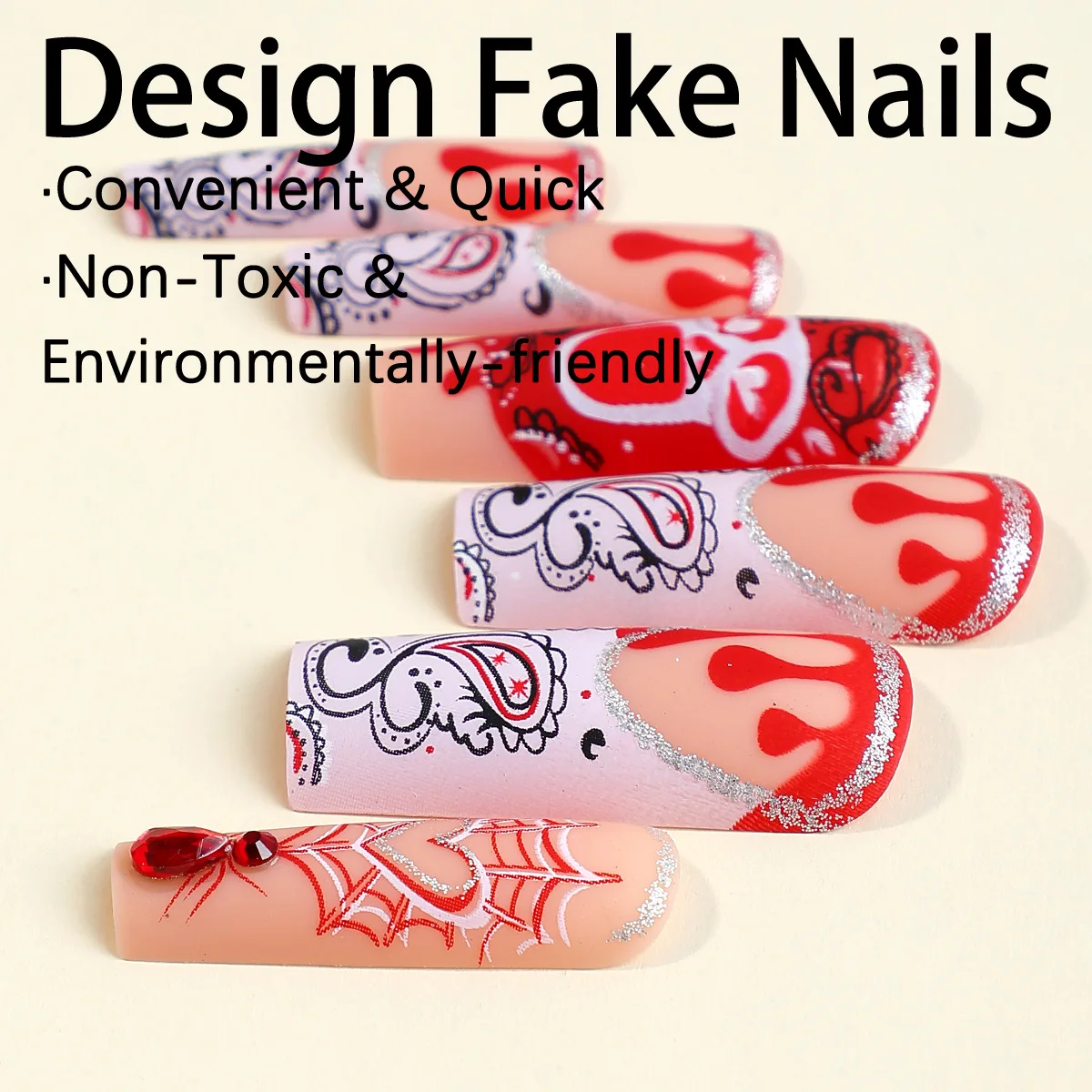 Scary Blood Skull Fake Nails Long Coffin Ballet Halloween Style False Nails 24pcs Wearable Press on Nail tips for Halloween Gift