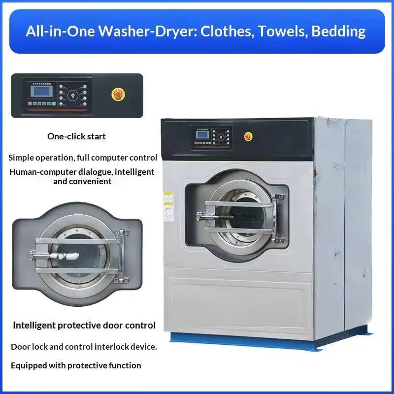 Fully Automatic Industrial Stainless Steel Washer-Dryer 220V Large Commercial Washing Machine Hotel Laundry Equipment 25Kg