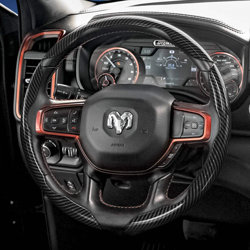 Funda para Volante de Fibra de Carbono con Diseño de Liberación Rápida Segmentada, Duradera, Compatible con Ram Pickup Promaster Rampage 1500 2500 3500 4000 4500 5500 700 1000, Disponible en Negro, Azul, Rojo, Blanco, Plateado
