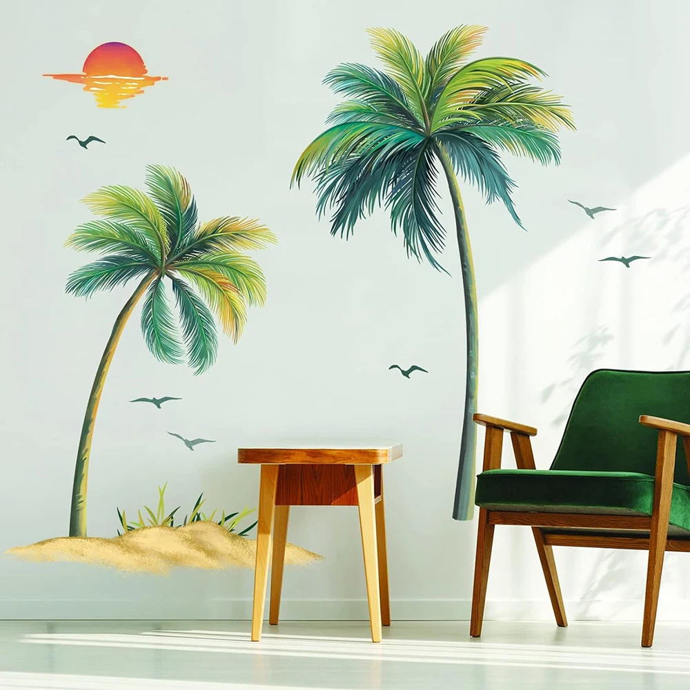 Tropical Palm Tree Wall Sticker Kids Room Kitchen Plant Bird Sun Wall Decal  Bedroom Living Room Home Decor